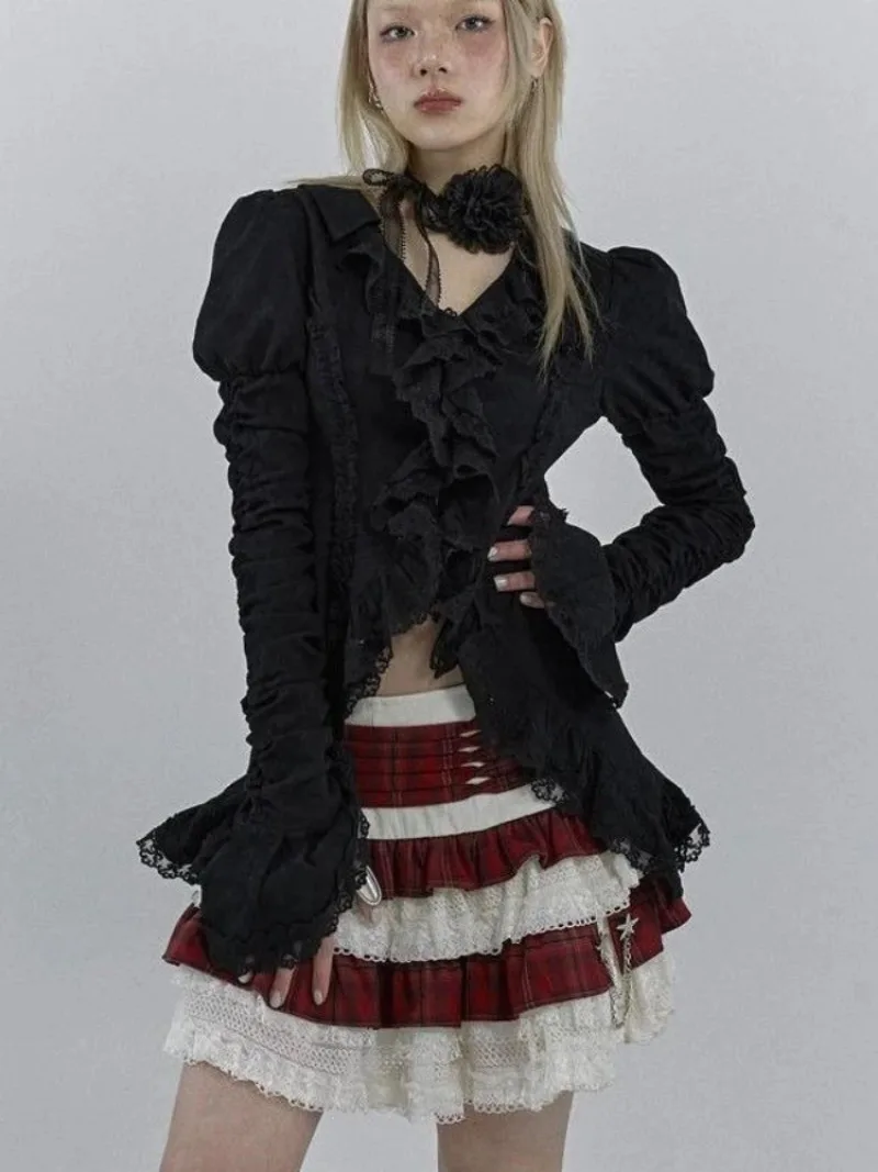 ヴィンテージ ボディコン フォールド Tシャツ フレア袖 カジュアル 中世風 プリンセススタイル レース 透かし彫り 無地 レディースブラウス 2025年秋