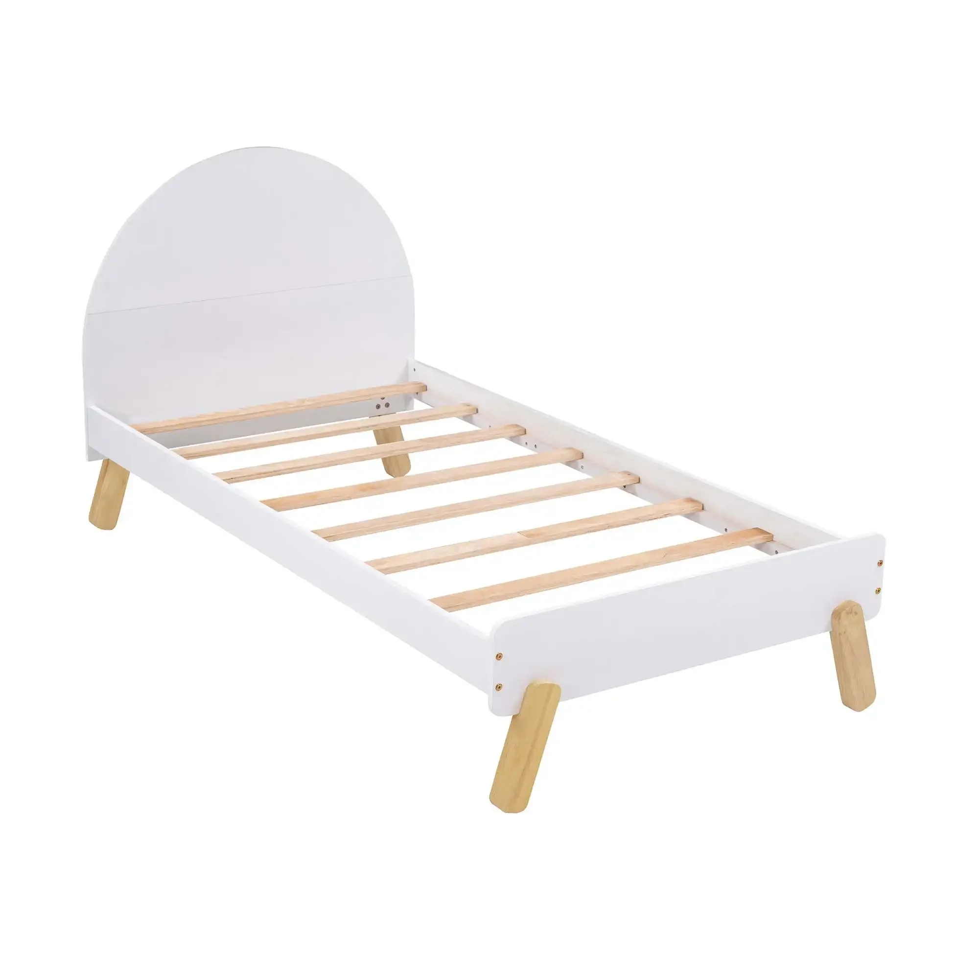 Platform Bed for Kids  Twin Bed Frame with Semi-circular Headboard, Wooden - White Rugged hardwood frame Semi-circular headboard