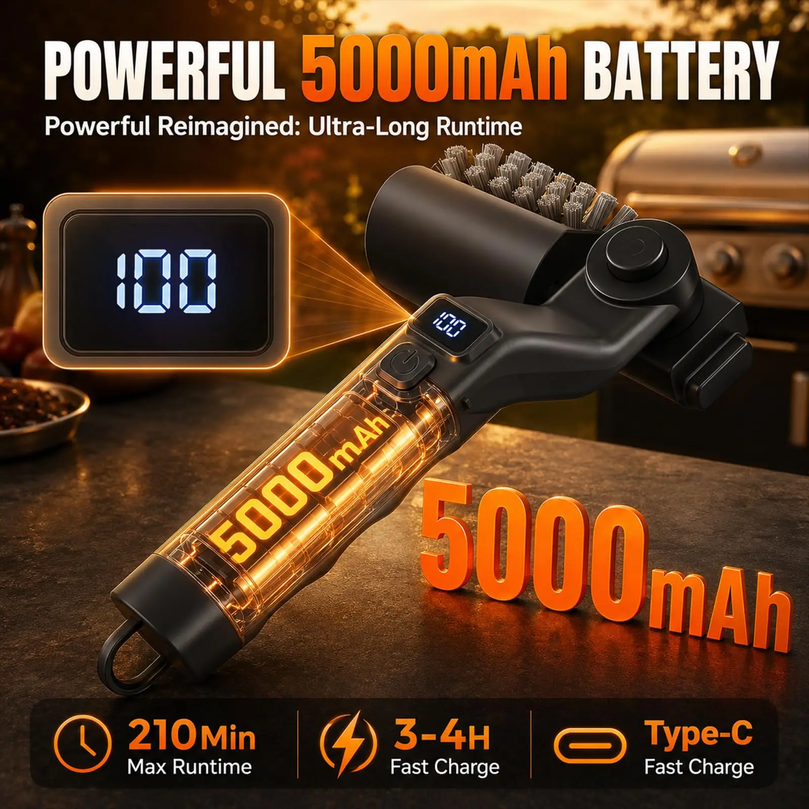 Electric BBQ Cleaning Brush 5000mAh Battery, 30kg High-Torque Grill Cleaner for Cleaning Cast Iron and Stainless Steel Grills