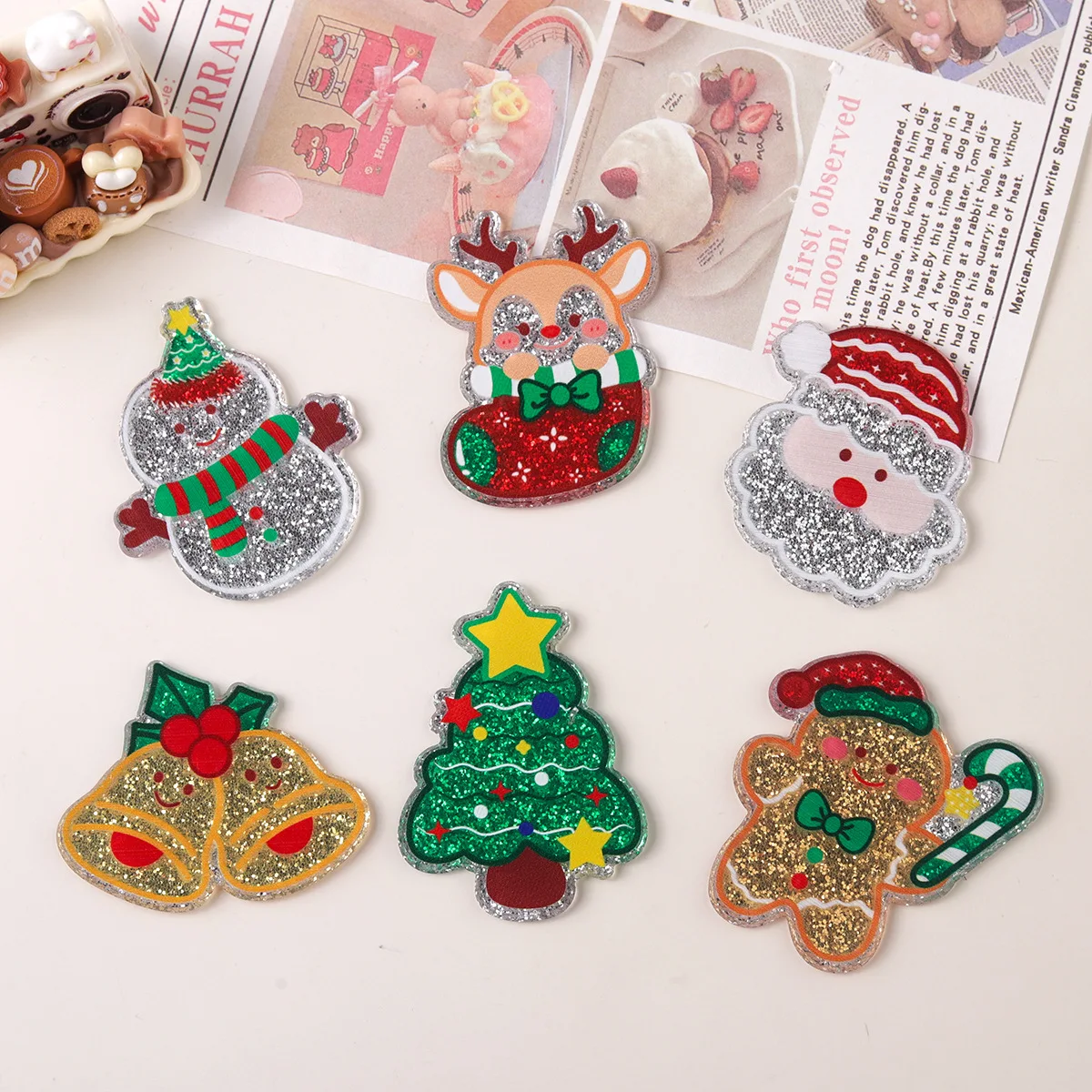 10pcs Cartoon print Christmas series acrylic sequin Accessories accessories diy handmade Hairpin phone case decoration keychain