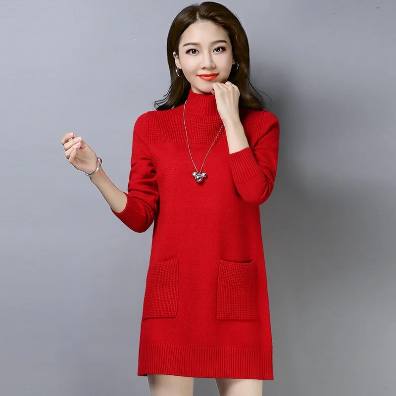

Half-High Collar Inner Sweater Women New Korean Mid-Length Wool Winter Sweaters Dress Pullover Knit Tops Pull Femme JJ72