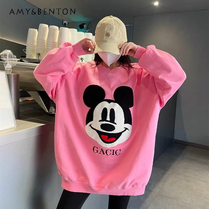 

2025 Autumn Winter Loose Mid-Length Cartoon Sweatshirt Heavy Industry Embroidery Round Neck Cartoon Jacket Hoodies For Ladies