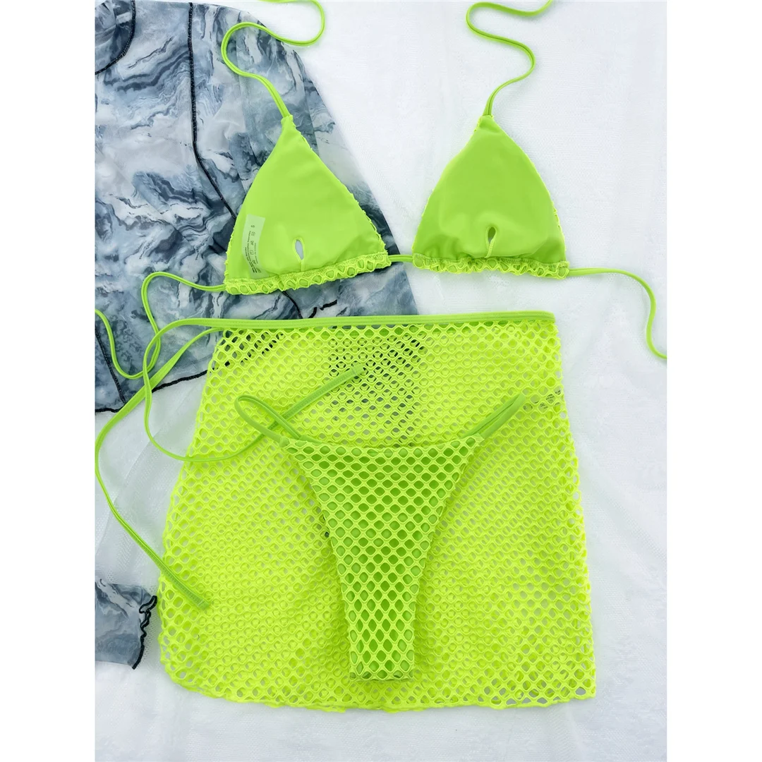 Neu mit Rock, Neckholder, Netzstoff, Fischernetz-Bikini, Damen-Badeanzug, Damen-Bademode, dreiteiliges Bikini-Set, Badeanzug, Badebekleidung, Schwimmanzug V4596 – Detail 31