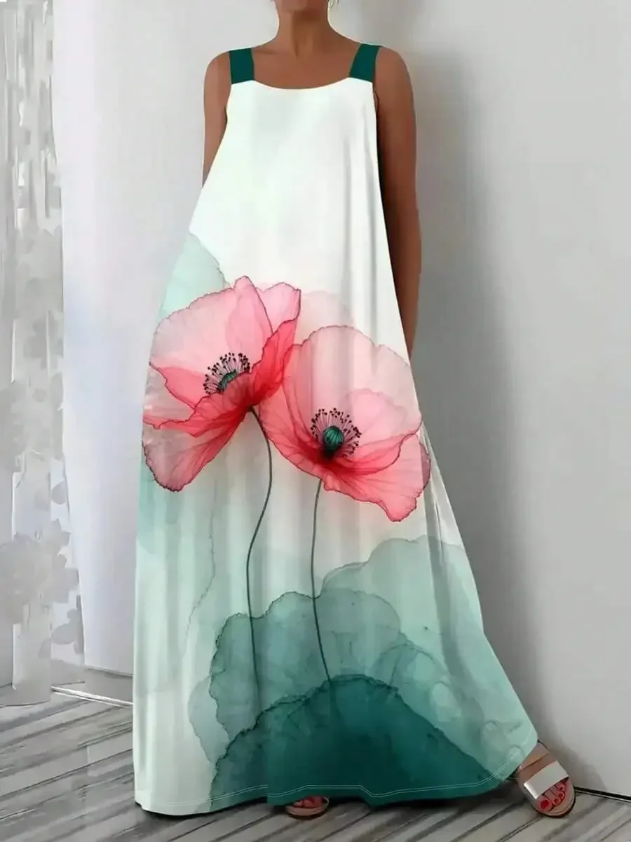 

Plus Size Floral Print Spaghetti Strap Maxi Dress Summer Elegant Vacation
