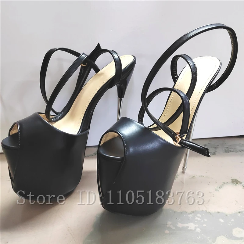 19cm Super High Heel Sandals Women Fashionable Peep Toe Black PU Leather Platform Ankle Strap Steel Heel Stiletto Shoes