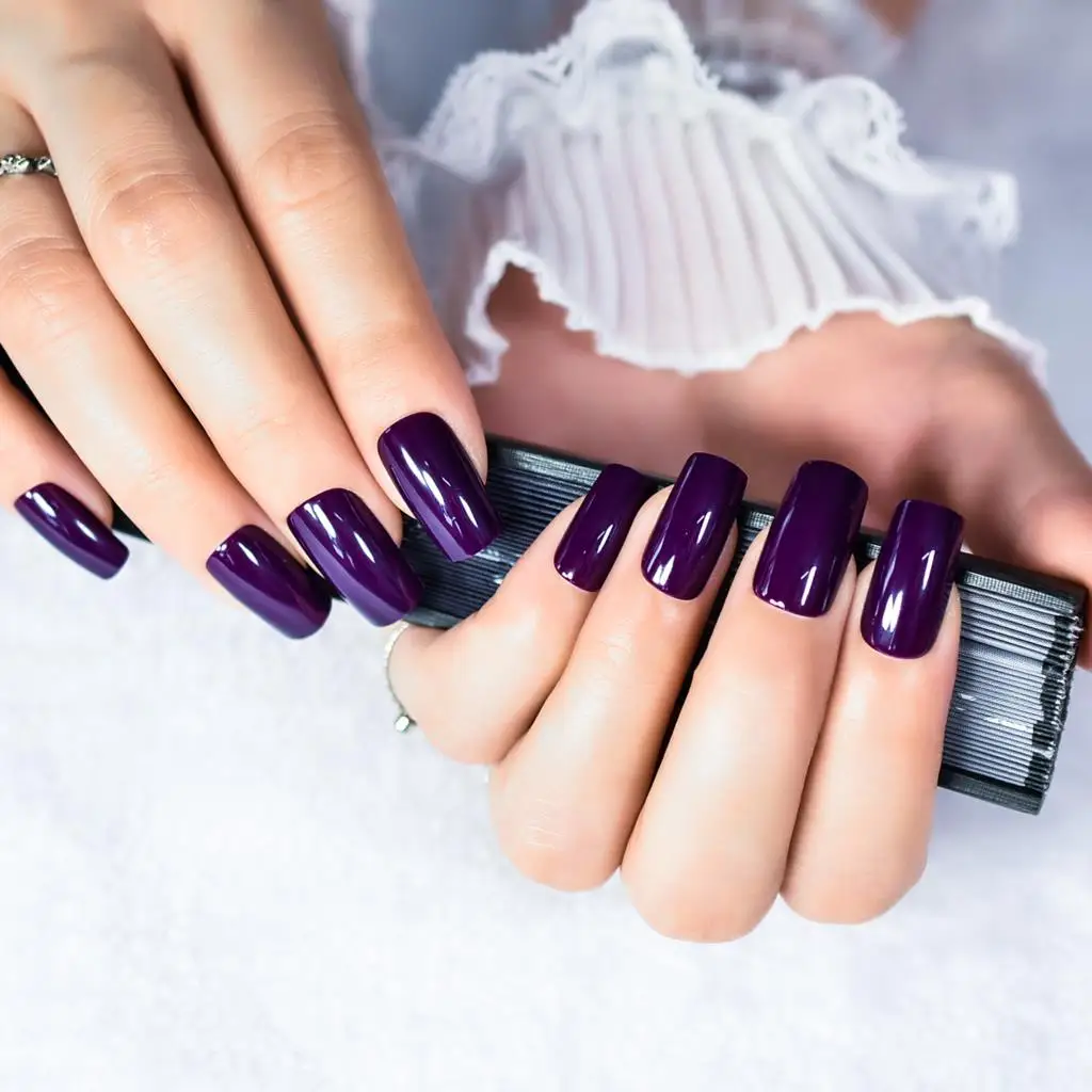 24pcs Dark Purple Press On False Nails Medium Length Square Reusable Acrylic Solid Color Nail Art Tips Fake Fingernails