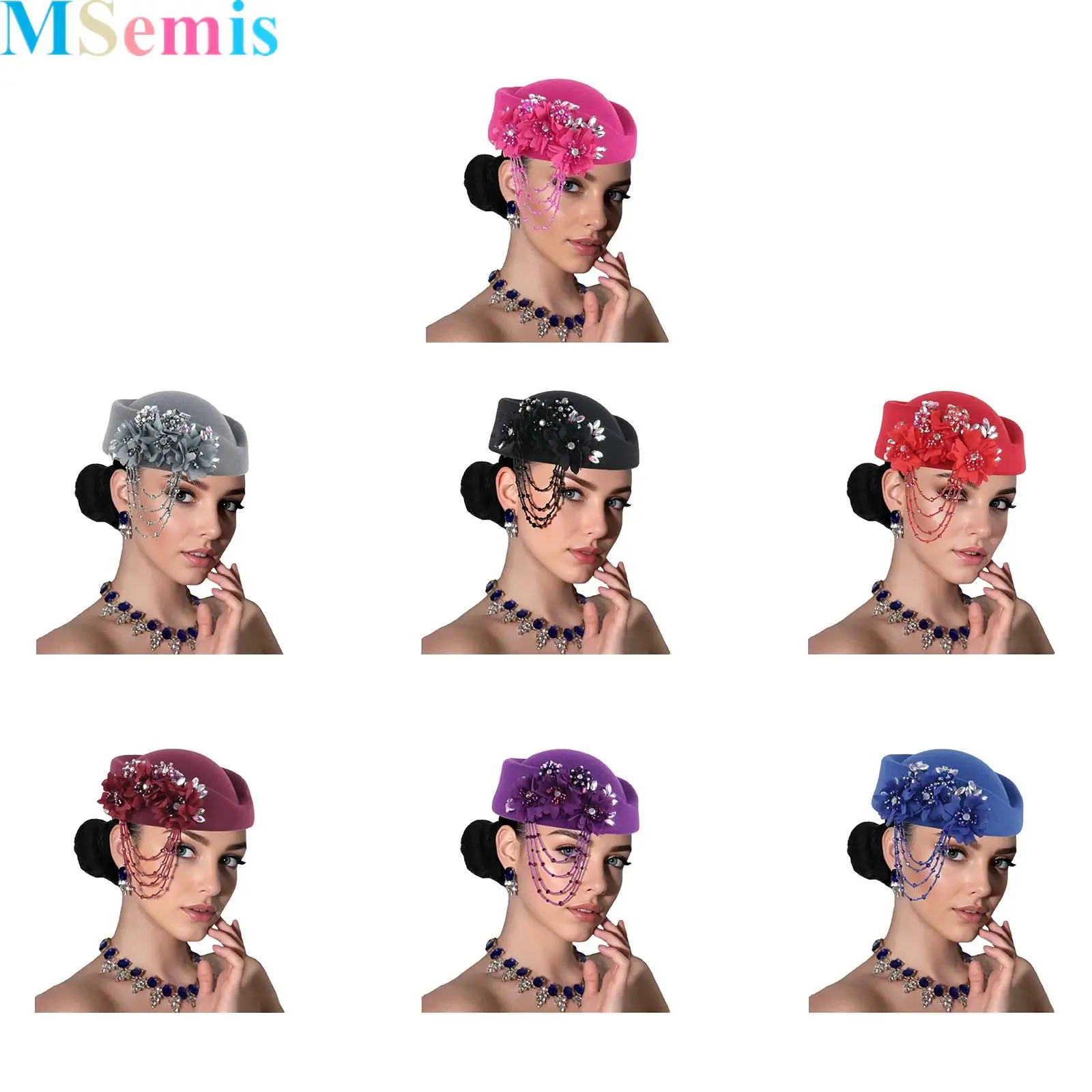 

1Pcs Retro Beret Hats for Women Felt Church Derby Headdress Women Rhinestone Floral Hat Suitable for Wedding Parties Events