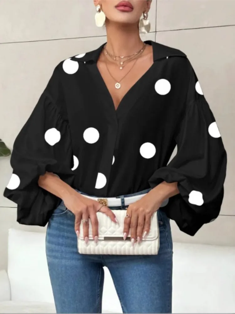 

Fashion Polka Dot Shirt For Women Elegant Puff Sleeve V Neck Button Loose Shirts Tops Lady Casual Office Women's Clothing Spring