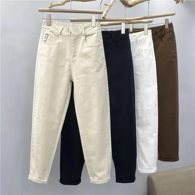 Jeans décontractés taille haute pour femmes, pantalons sarouel, pantalons en denim monochromes, jeans élastiques pleine longueur, vêtements fjDenim,