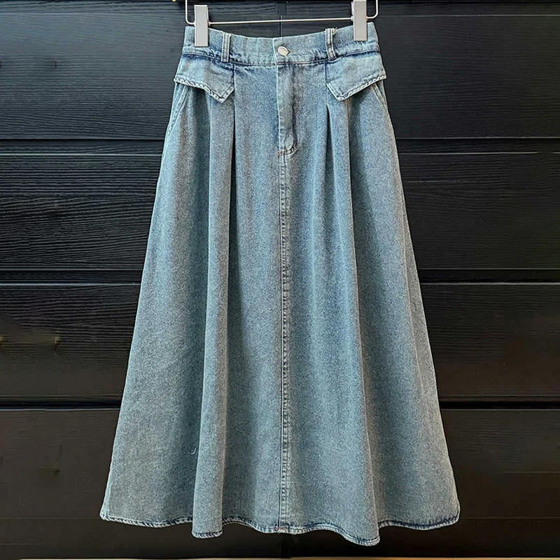 Gonne di jeans stile coreano retrò Donna Primavera Estate Elastico a vita alta A-line di media lunghezza Blu Gonne di jeans allentate semplici