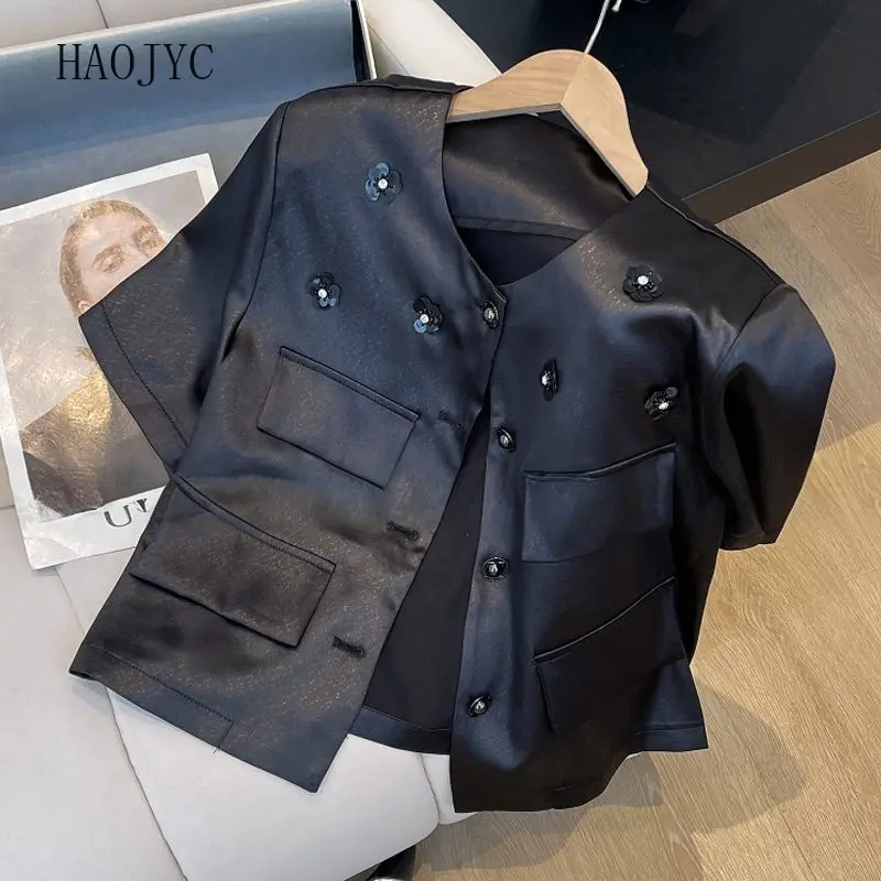 

Short-sleeved thin small coat women's 2025 summer new design sense niche temperament versatile high-end sense satin top