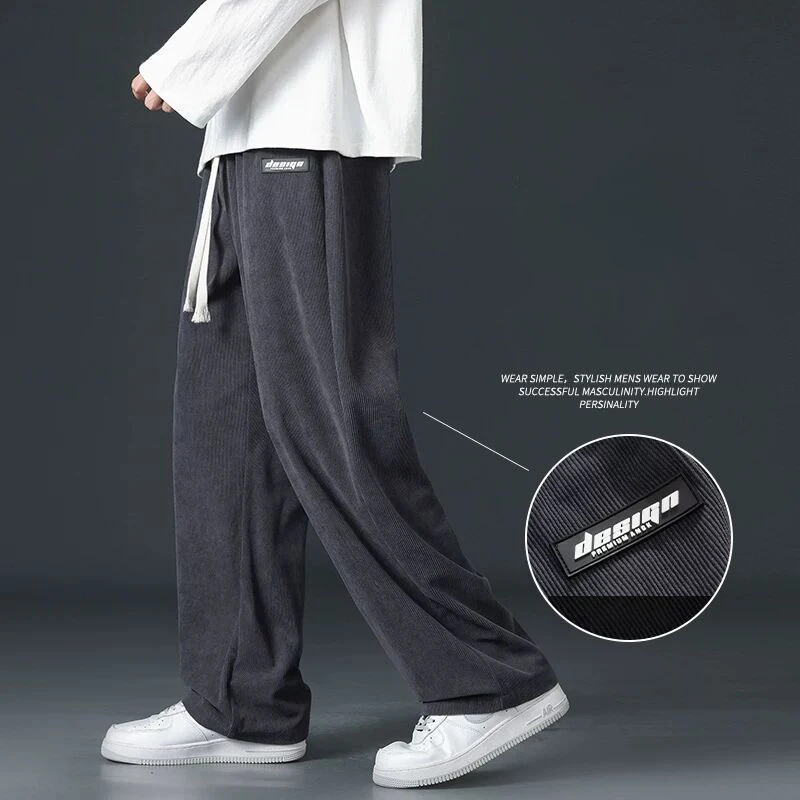 

Men Corduroy Solid Color Pants Autumn Winter New Casual Loose Drawstring Pants Streetwear Fashion Male Running Sports Trousers