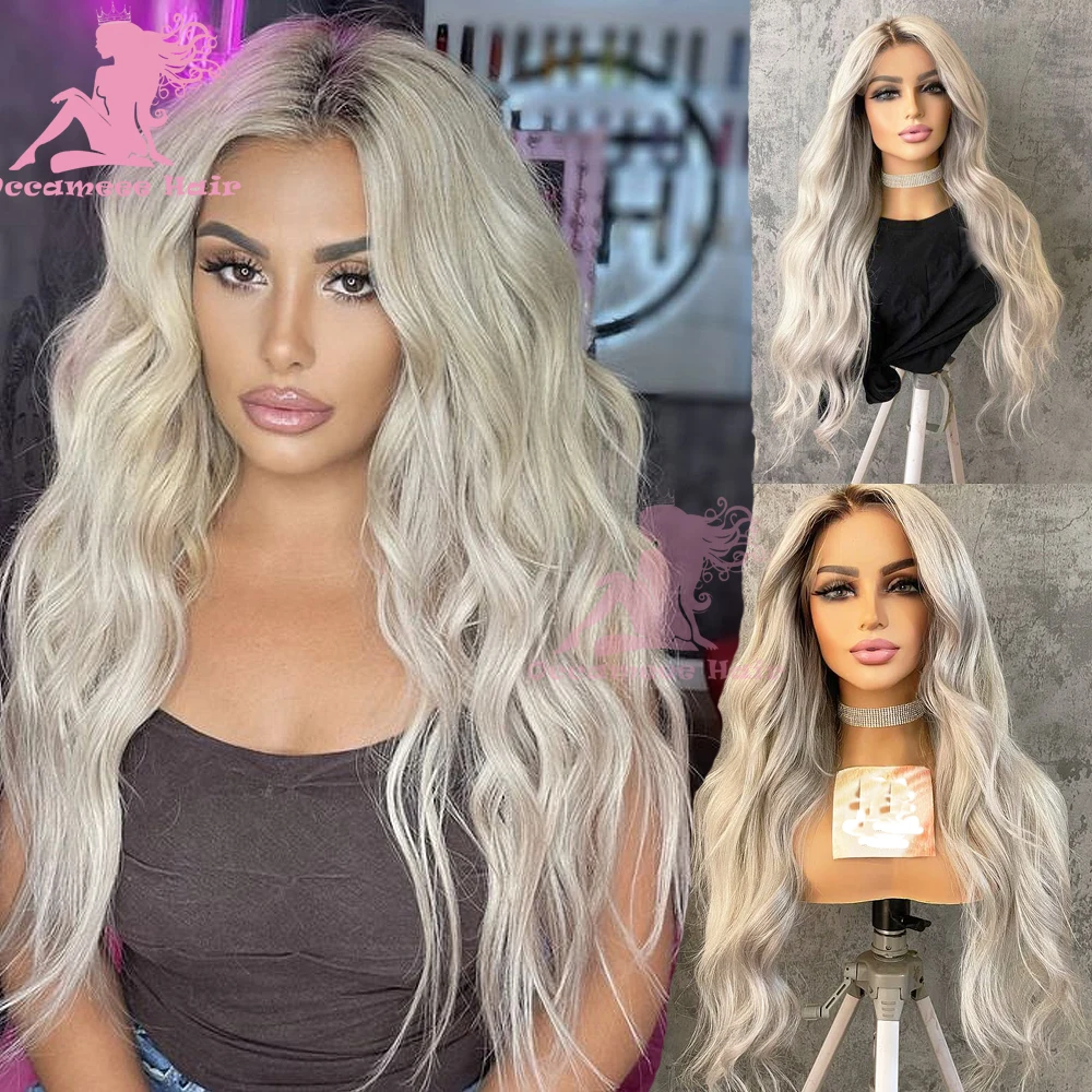 

Ombre Ash Blonde Human Hair Lace Front Wig Brown Roots Natural Wave 13x6 Lace Frontal Wigs Transparent Lace Brazilian Preplucked