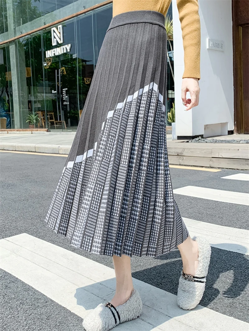 

Casual Houndstooth Knitted Skirts For Women Clothing Autumn Winter 2023 New Retro High Waist A-line Pleated Wool Skirts bd668