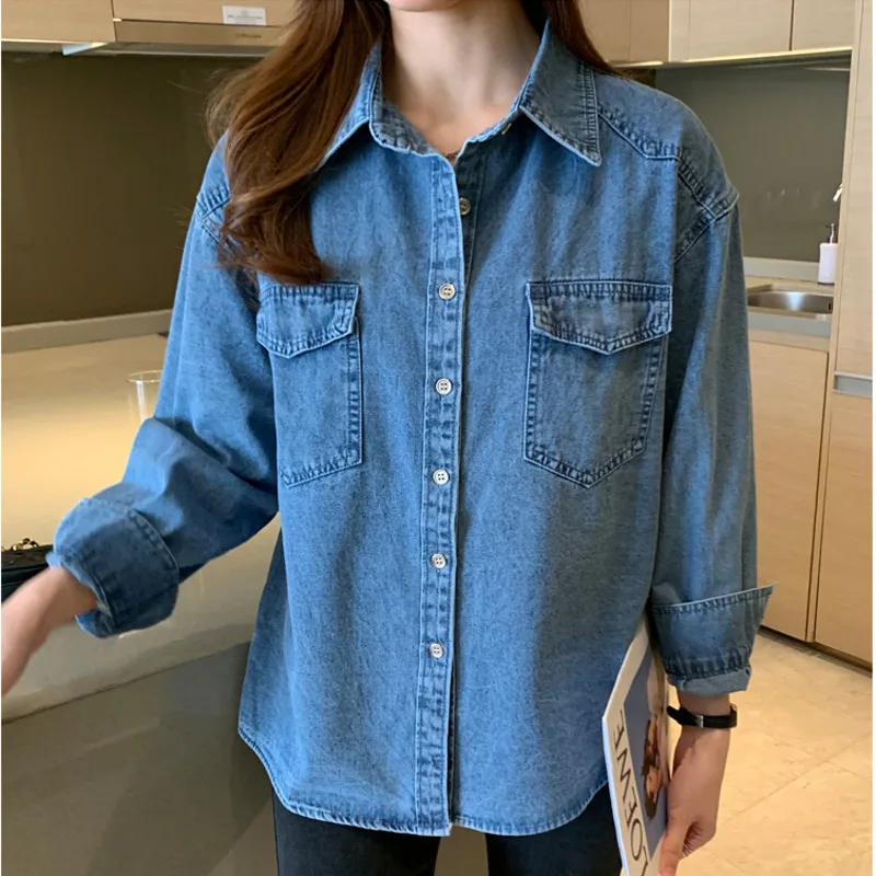 #3119 Blue Denim Shirt Long Sleeve Loose Casual Office Jeans Shirt Female Turn-down Collar Outerwear Ladies Tops And Blouses