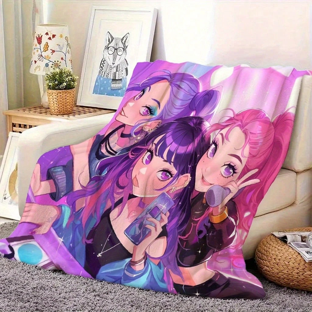 1pc KPop Anime Girl Group Themed Flannel Blanket, 2D Flat Print, All-Season, Otaku Throw for Bedroom, Living Room, Camping & Gif
