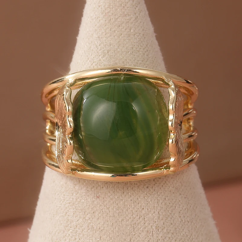 Elegant Exquisite Hand Carved Gingko Leaf Inlaid Synthetic Green Agate Ring Women's Vintage Banquet Festival Jewelry Accessories