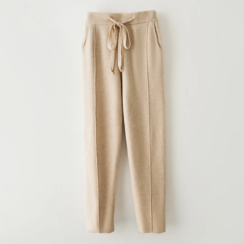 100% Merino Wool Women's Medium Seam Pencil Pants Autumn Winter Cashmere Knitting Pants Simple Style Soft Warm Trousers