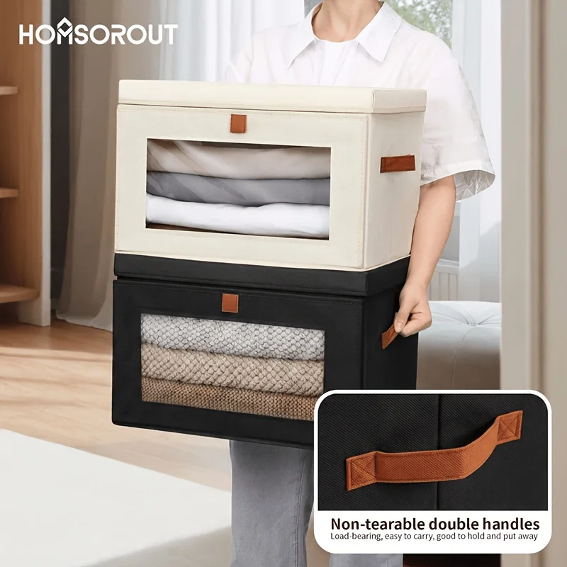 Front-opening visible clothes storage box, stackable with reinforced double handles-【1pc-Cream color】