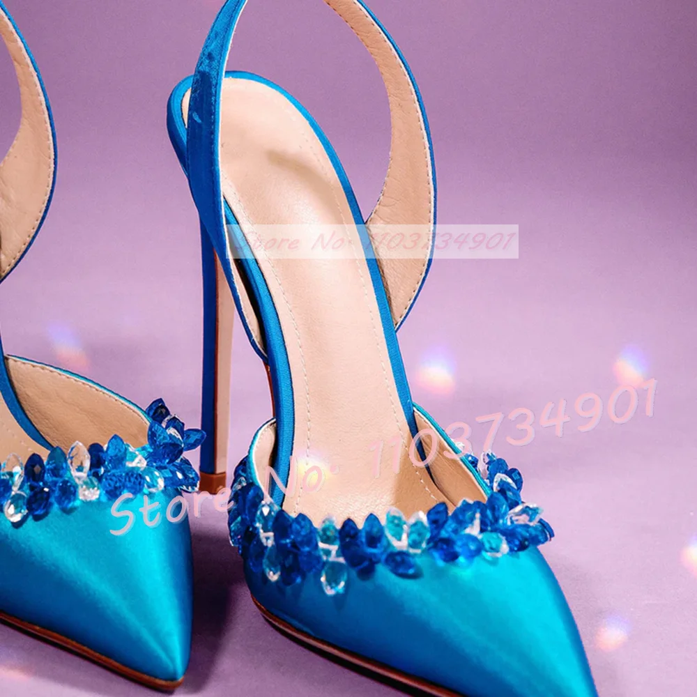 Rhinestones Back Strap Satin Sandals Ladies Patchwork Thin High Heels Pointed Shoes Party Sexy Female Elegant Heeled Sandals