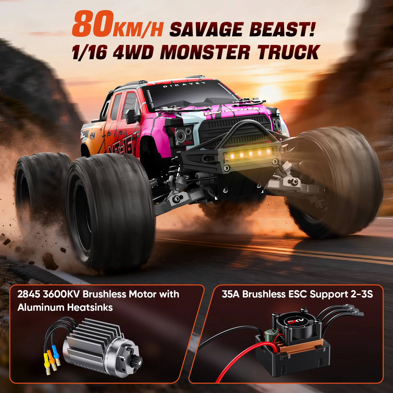DIKAVEY 1/16 50MPH Brushless 4WD RC Monster Truck, All-Terrain Remote Control Cars with 3S 2200mAh Battery