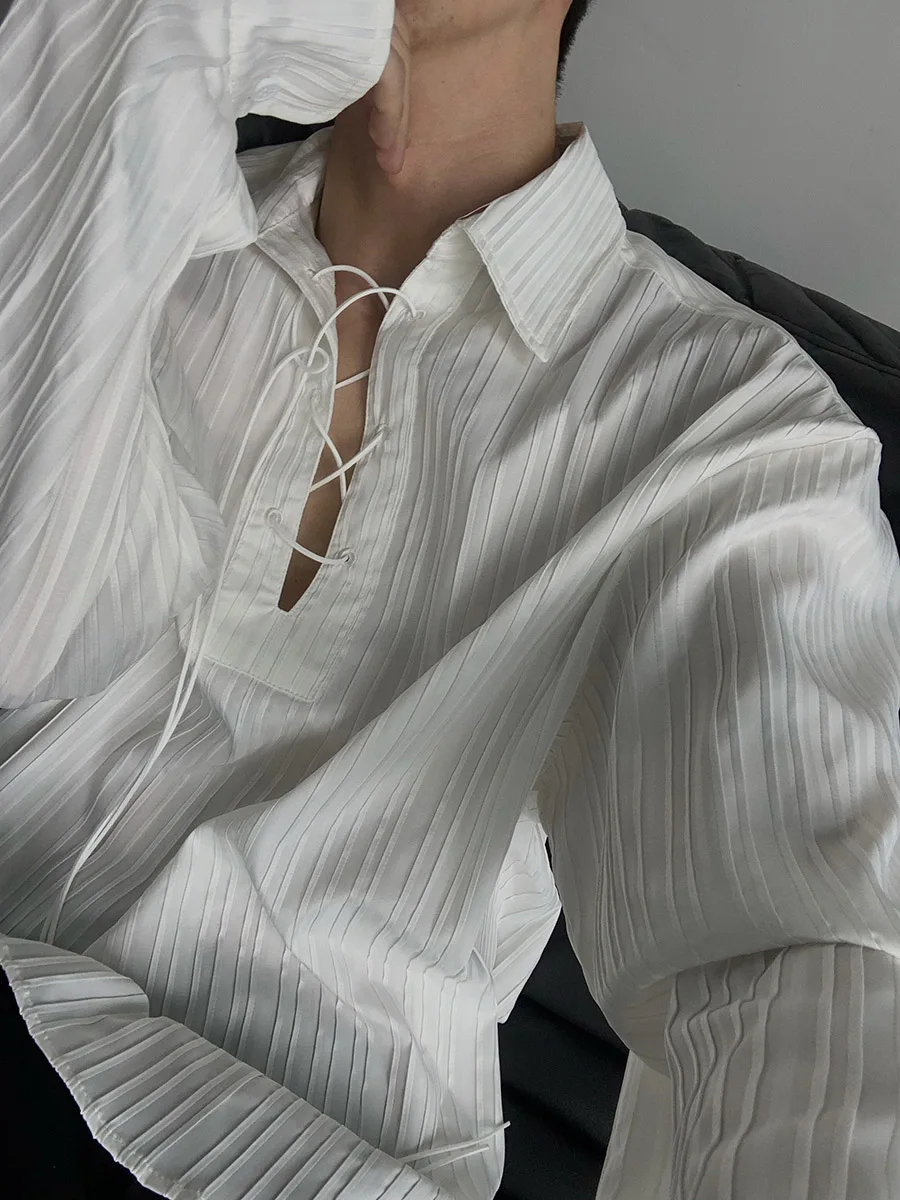 

Premium White Folded Long Sve irt Dstring Loose Special Texture ex Casual Sle Polyester Fiber Autumn Wear