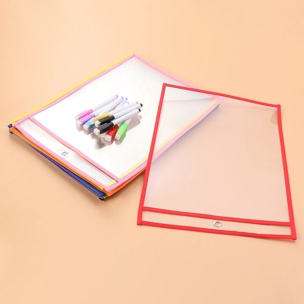 

10Sets PVC File Pockets Dry Erase Reusable Transparent Learning Aids for Kids Colorful Worksheets Practice Multiplication