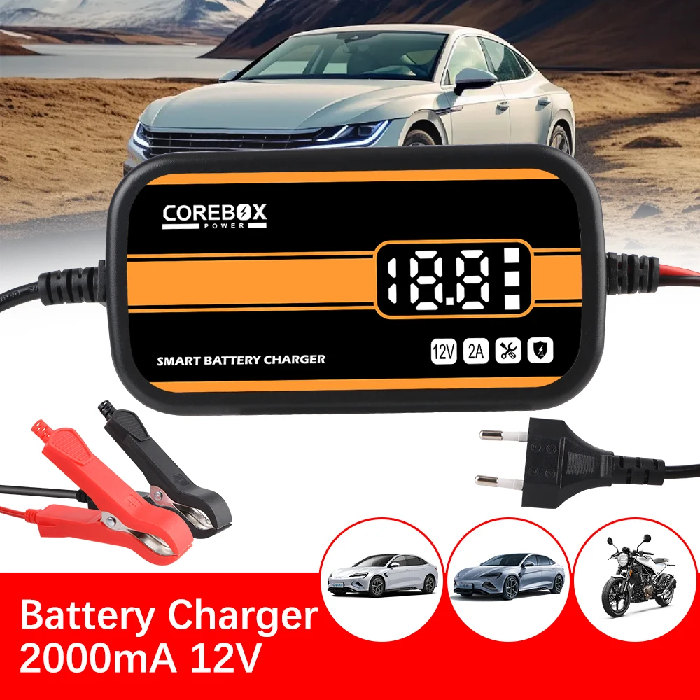 12V 2A mit LCD-Display, automatisches intelligentes Auto- und Motorrad-Batterieladegerät für Auto/Wohnmobil/ATV/Boot, Blei-Säure-AGM-Gel-Ladegerät