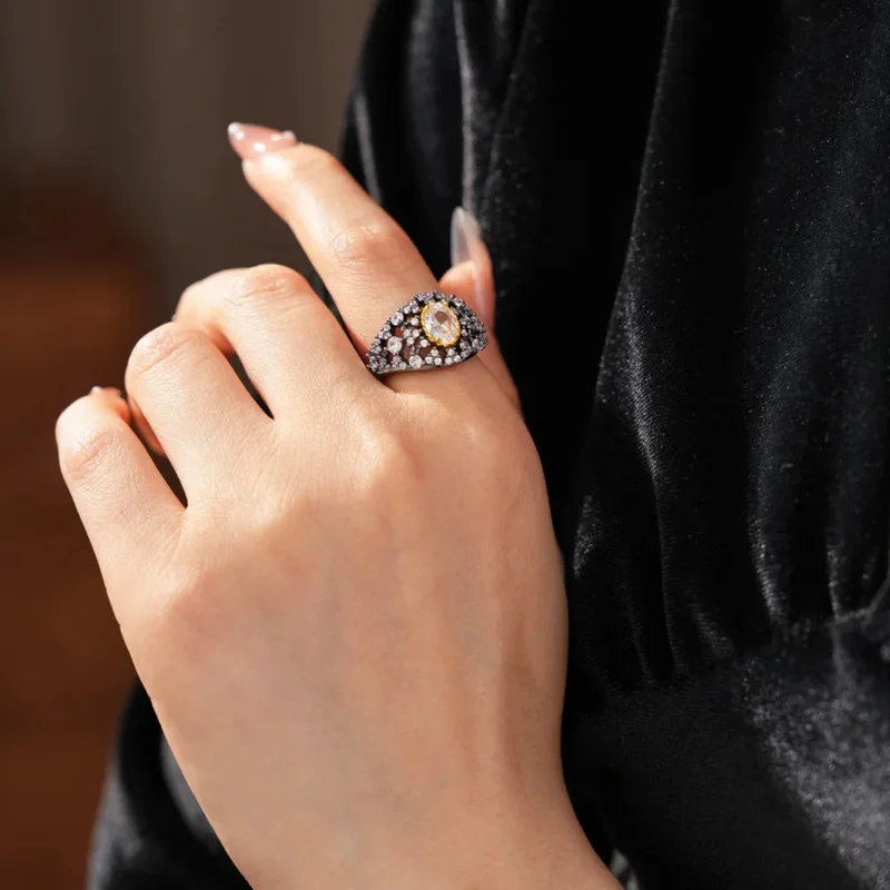 

Medieval Vintage Adjustable Ring Wide Oval Zircon Index Finger Ring Luxury High-end Fashion Jewelry for Women