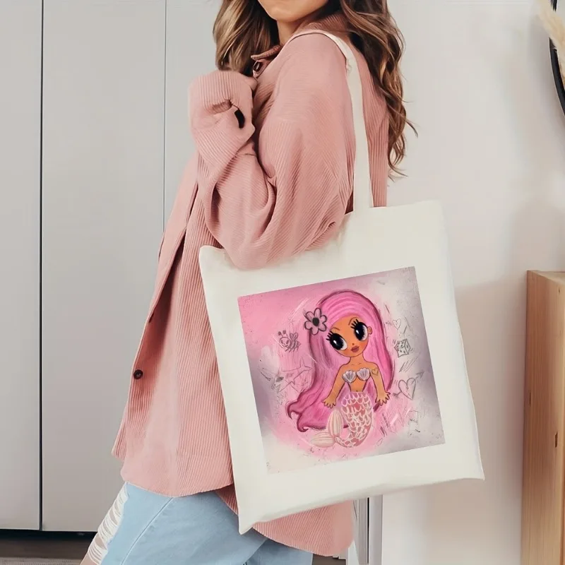 2024  Cute mermaid printed canvas handbag music enthusiast shoulder bag cute cartoon canvas bag reusable large shopping bag