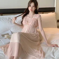 Elegant Sleeveless Nightgown Mesh Nightdress Lady Long Sleepshirt Leisure Lace Lingerie Sexy Sleepwear Princess Style Home Dress