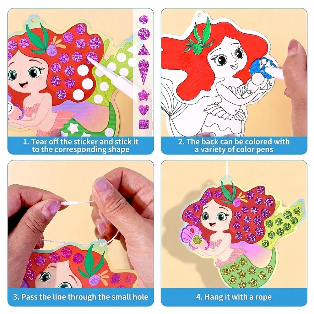 Holographic Mosaic Princess Mermaid Art Set, Kids DIY Craft Kit Shiny Foil Stickers Educational Toy  DIY Room Decoration