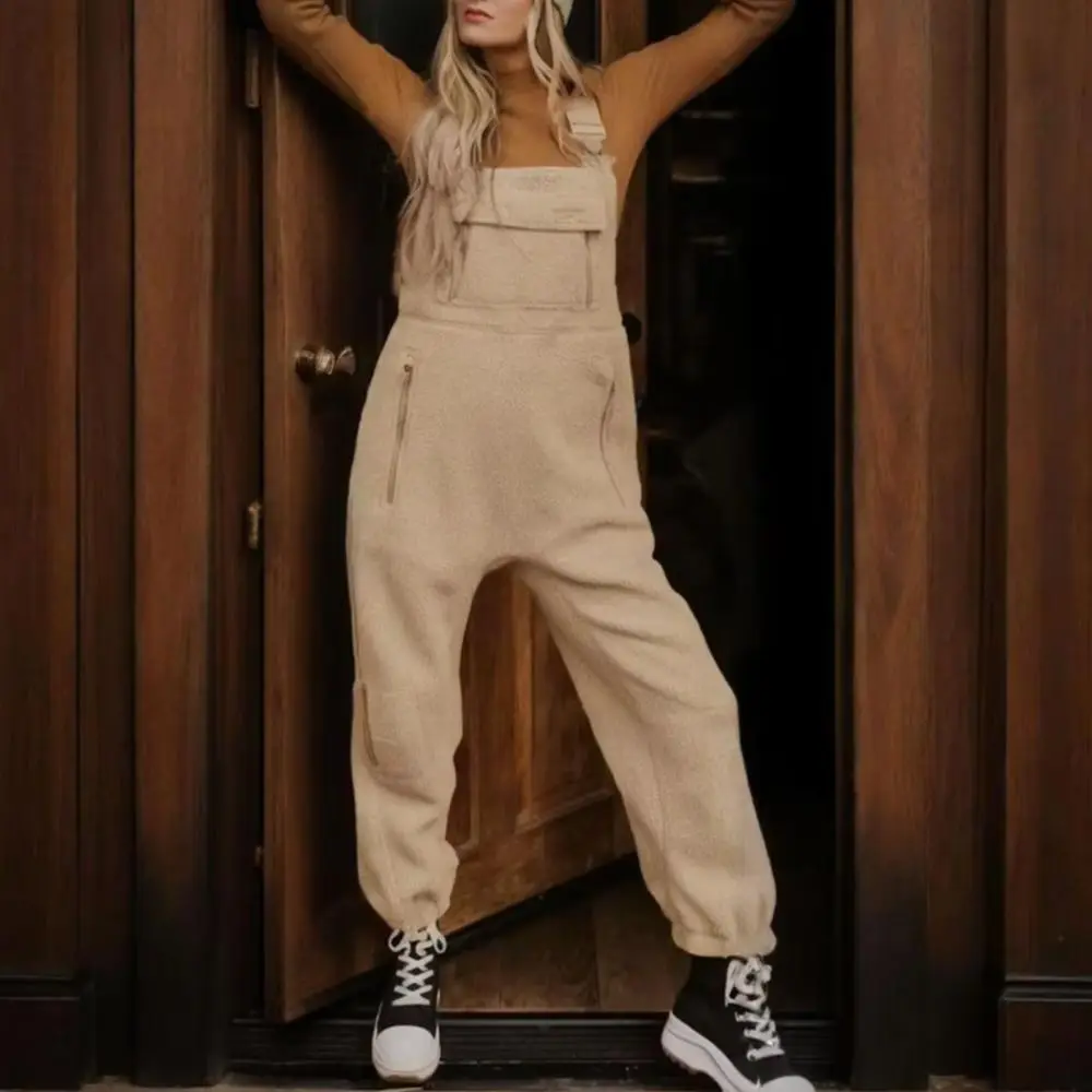 

Lady Fall Winter Overalls Plush Solid Color Loose Sleeveless Cargo Style Ankle-banded Zipper Pocket Jumpsuit Casual One-piece Ou