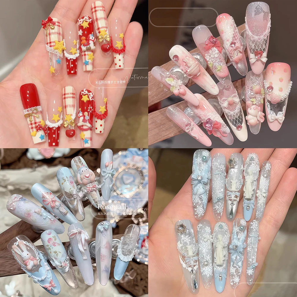 

Beautiful Gentle Cute Rabbit Bear Horse Handmade Long Coffin Stilettos Fake Nails Stars Bowknot Pearl Snowflakes Press On Nails