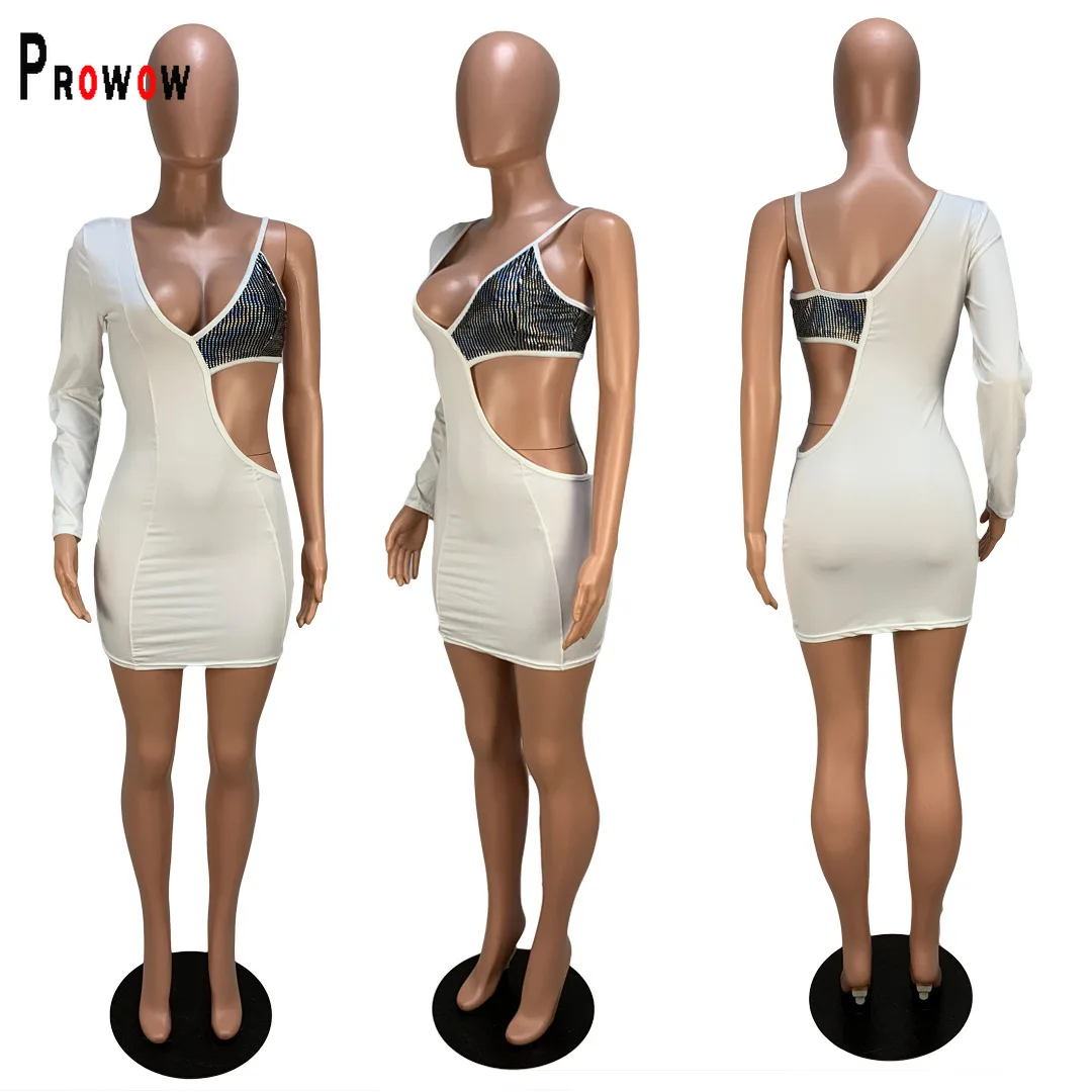 Prowow Sexy Skinny Women's MIni Dress Unique One Shoulder Sequined Party Night Club Wear Summer Female Streetwear Outfits