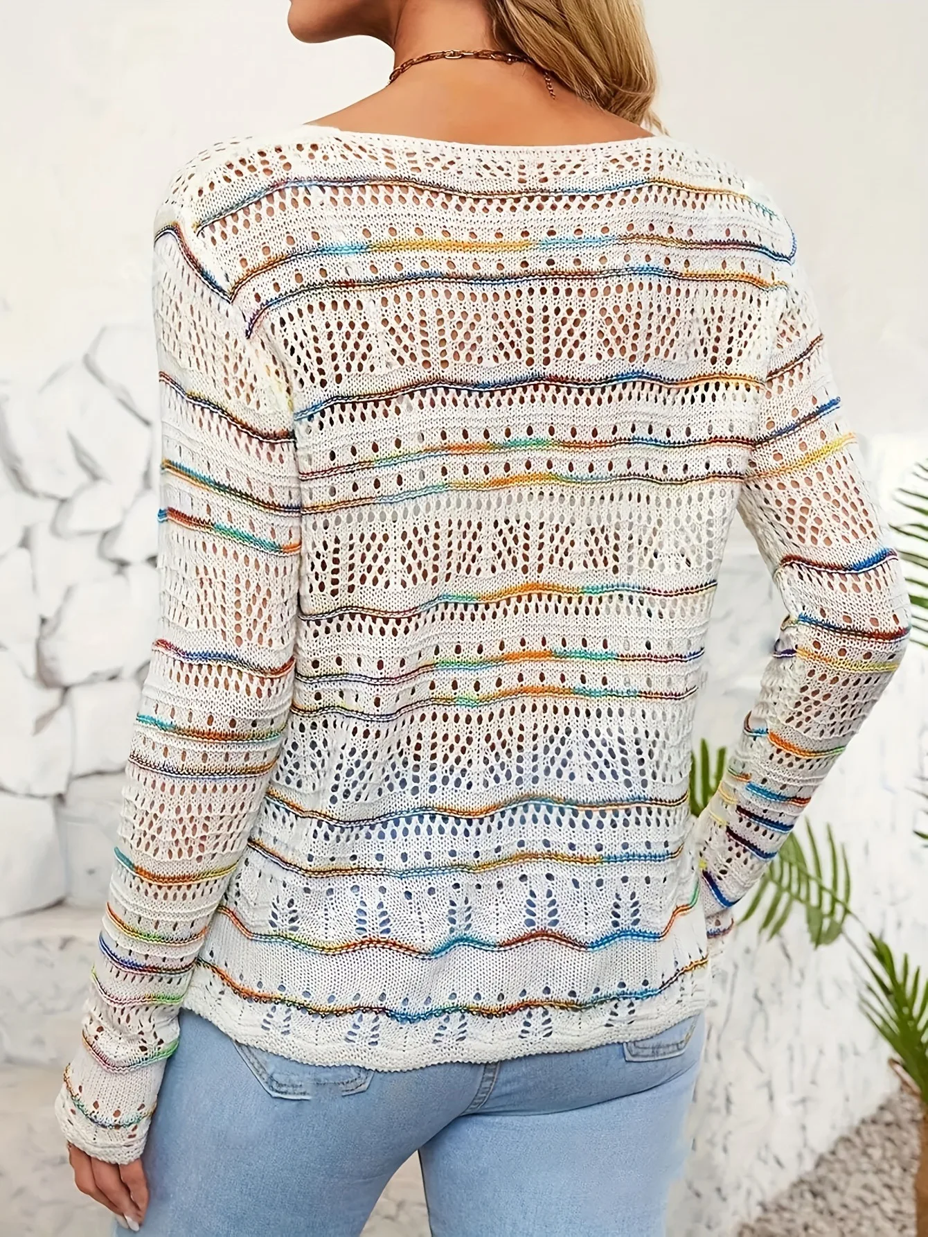 2026women's New Spring and Summer Daily Comfortable and Loose Versatile Contrast Striped V-neck Knitted Hollow Sweater for Women