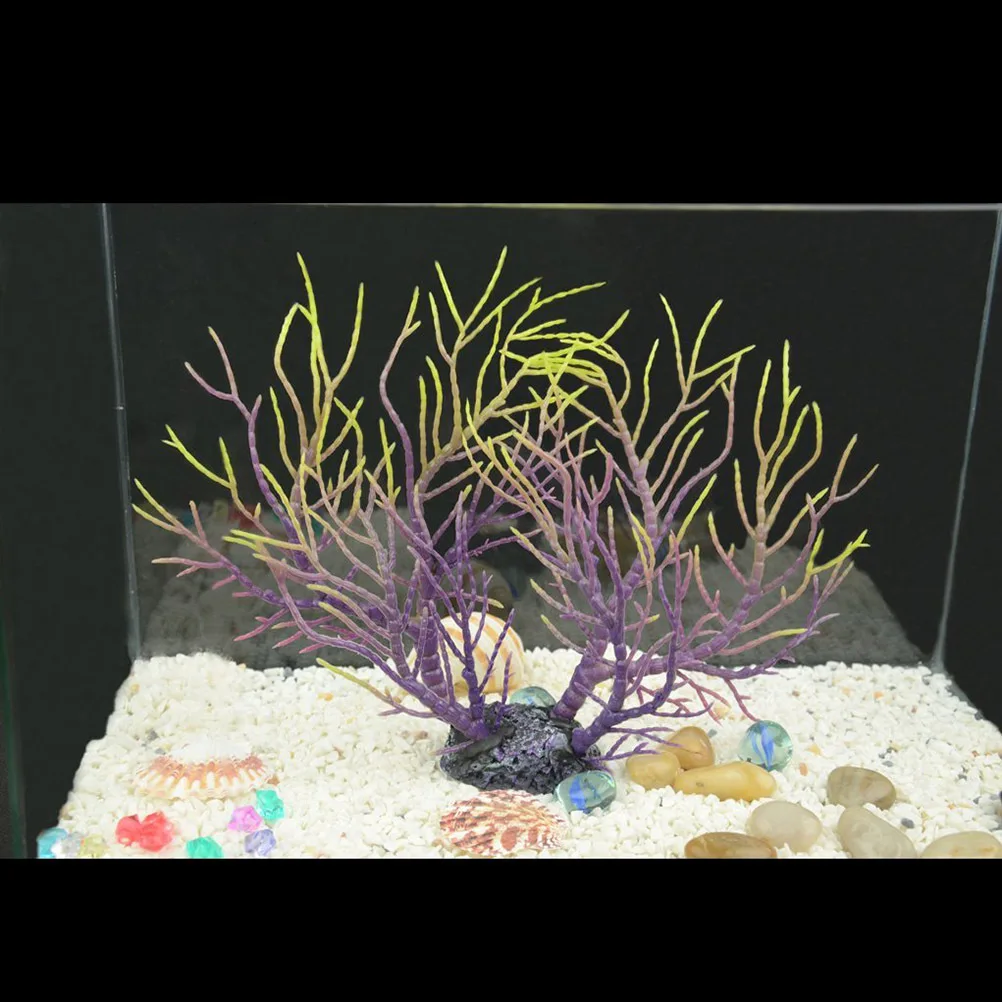 Artificial Coral Fish Tank Ornament Purple Yellow Soft Flexible Resin Base Aquarium Coral Decor Lifelike Safe for Fresh Salt