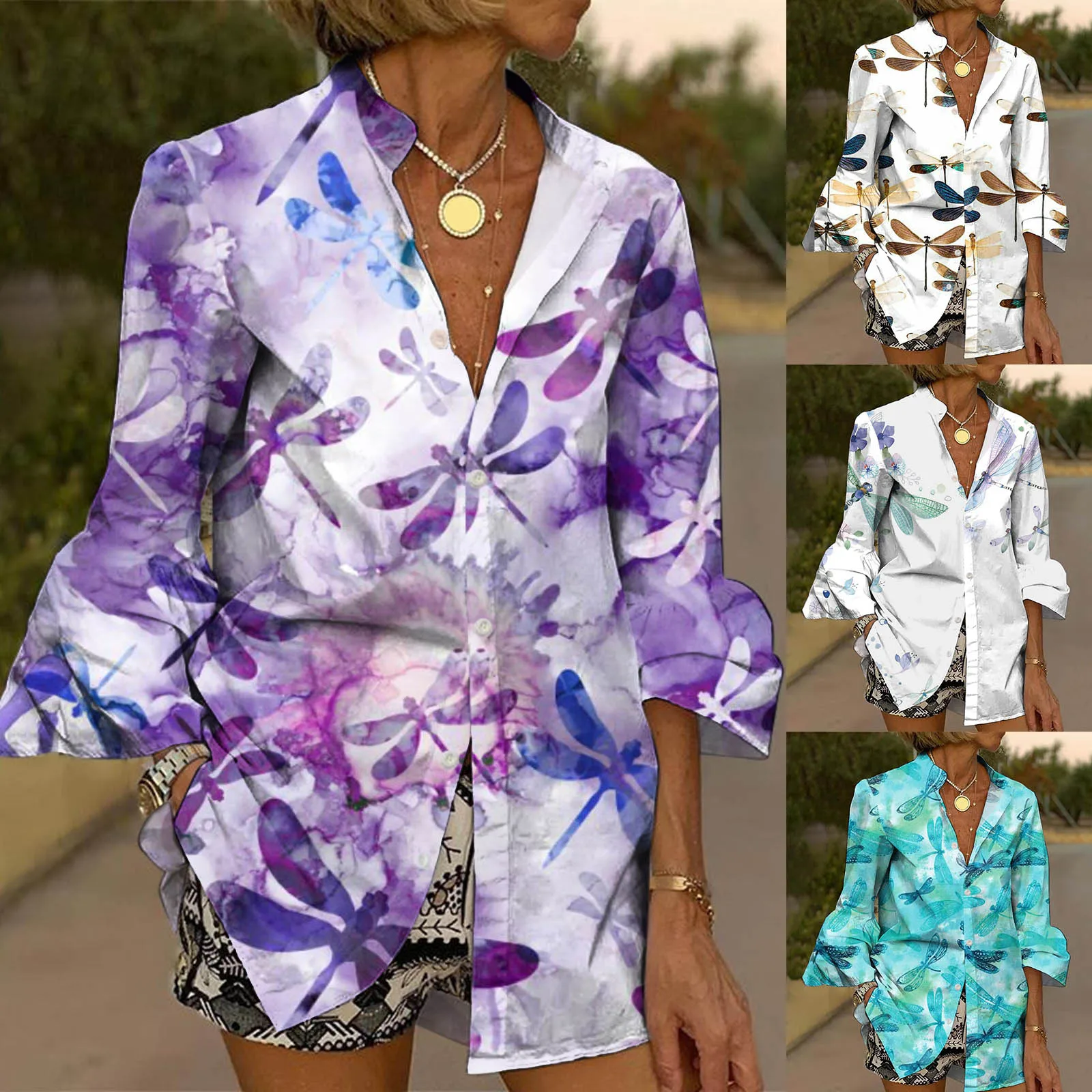 

Women Dressy Casual Seventh Sleeve Shirts Blouses Folding Cuff V Neck Elegant Blusas Vintage Print Baggy Social dress shirt