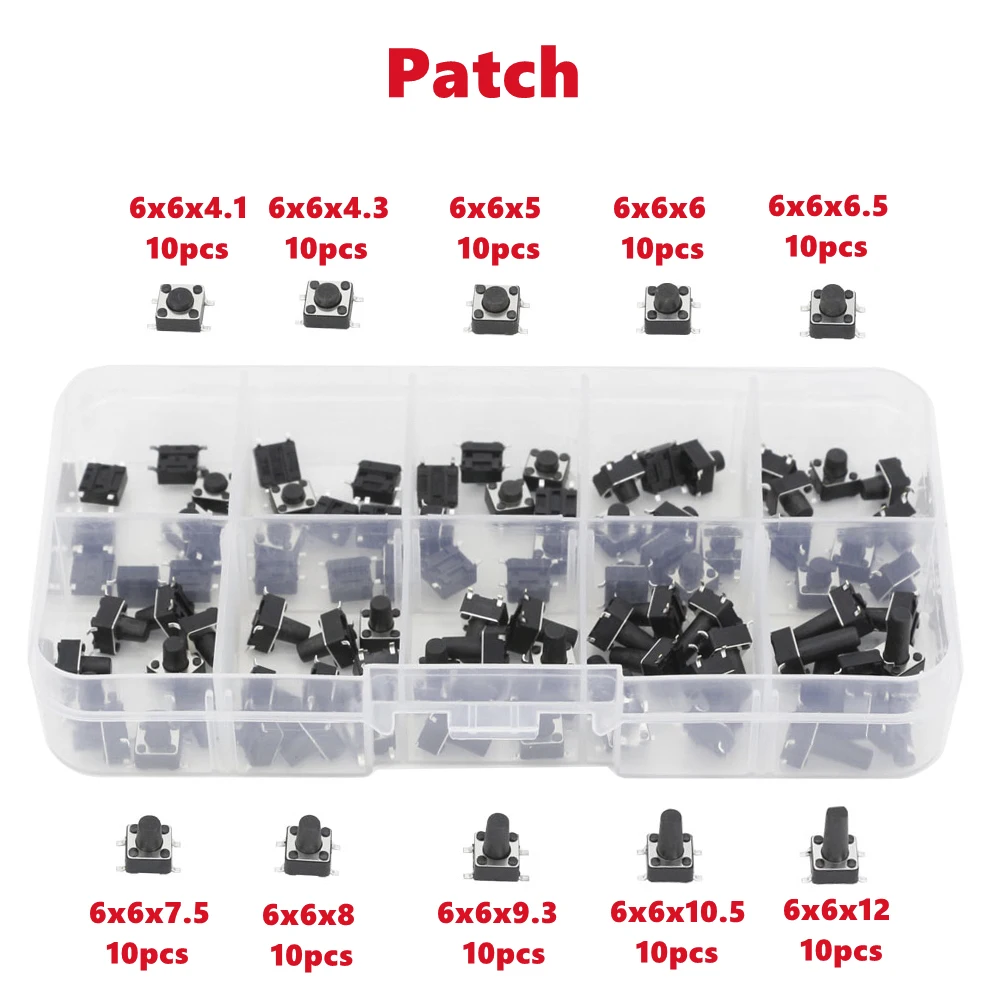 100 PCS 10 Models 6*6 Tact Switch Tactile Push Button Switch Kit Height: 4.1 5~12MM DIP 4P Micro Switch 6x6 Key Switch