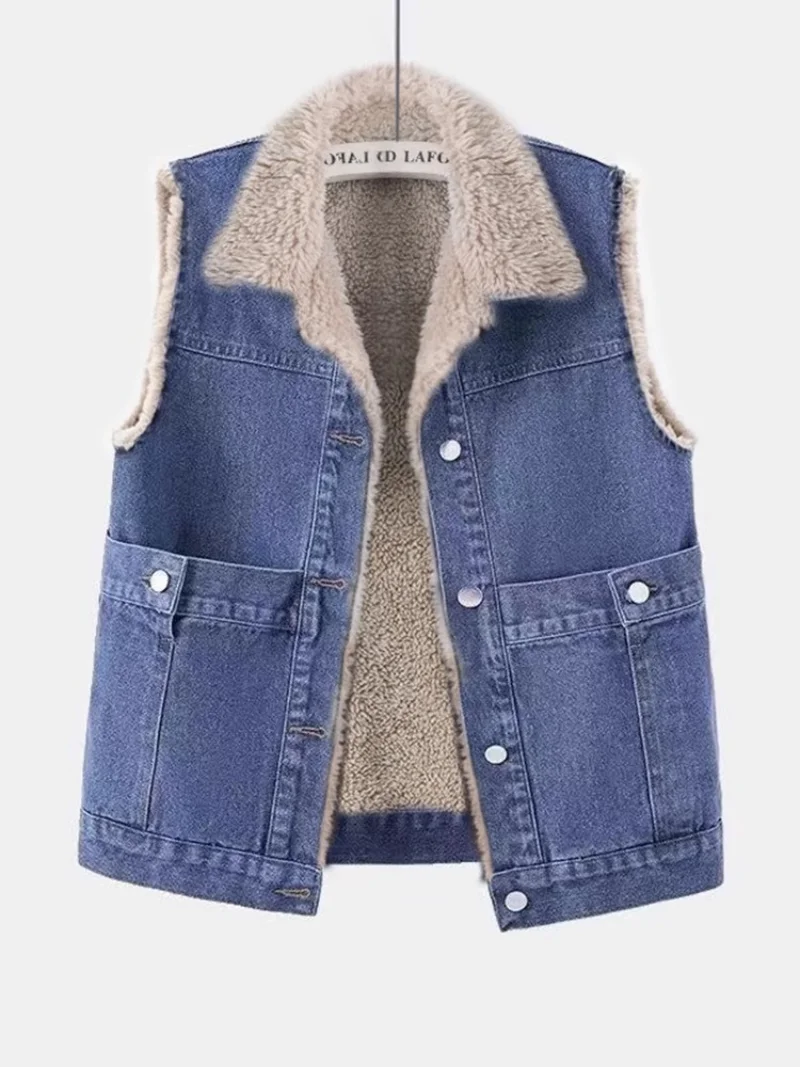 Women's Large Pocket Versatile Denim Vest Jacket Loose Fit Plush Spring Autumn Winter Outerwear for Slimming Effect