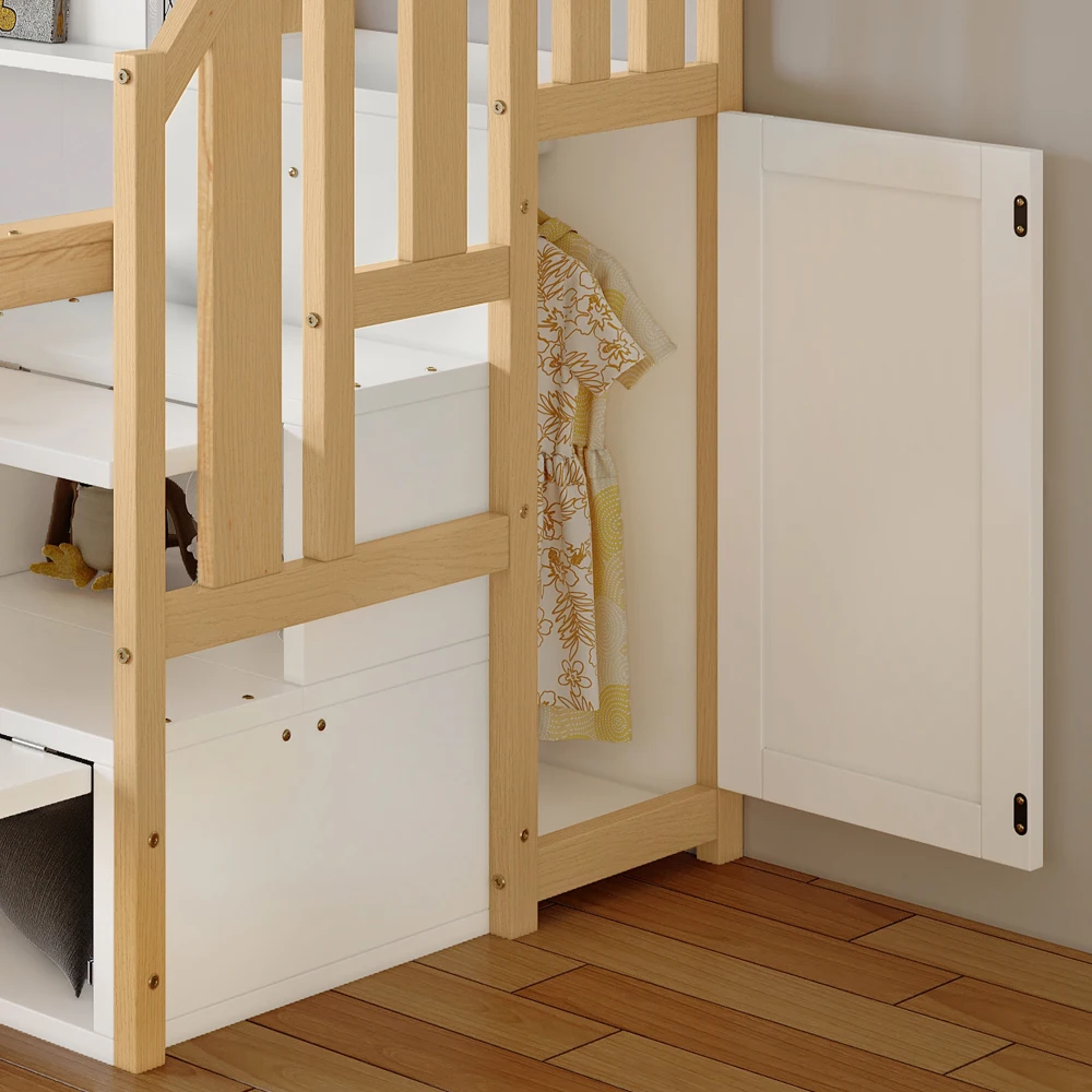 PINGGO Etagenbett 90x200/90x190/120x200cm mit Fallschutzgitter, 3-stöckiges Rollbett mit Kleiderschrank und Eck-Treppe, ohne Matratze – Detail 22