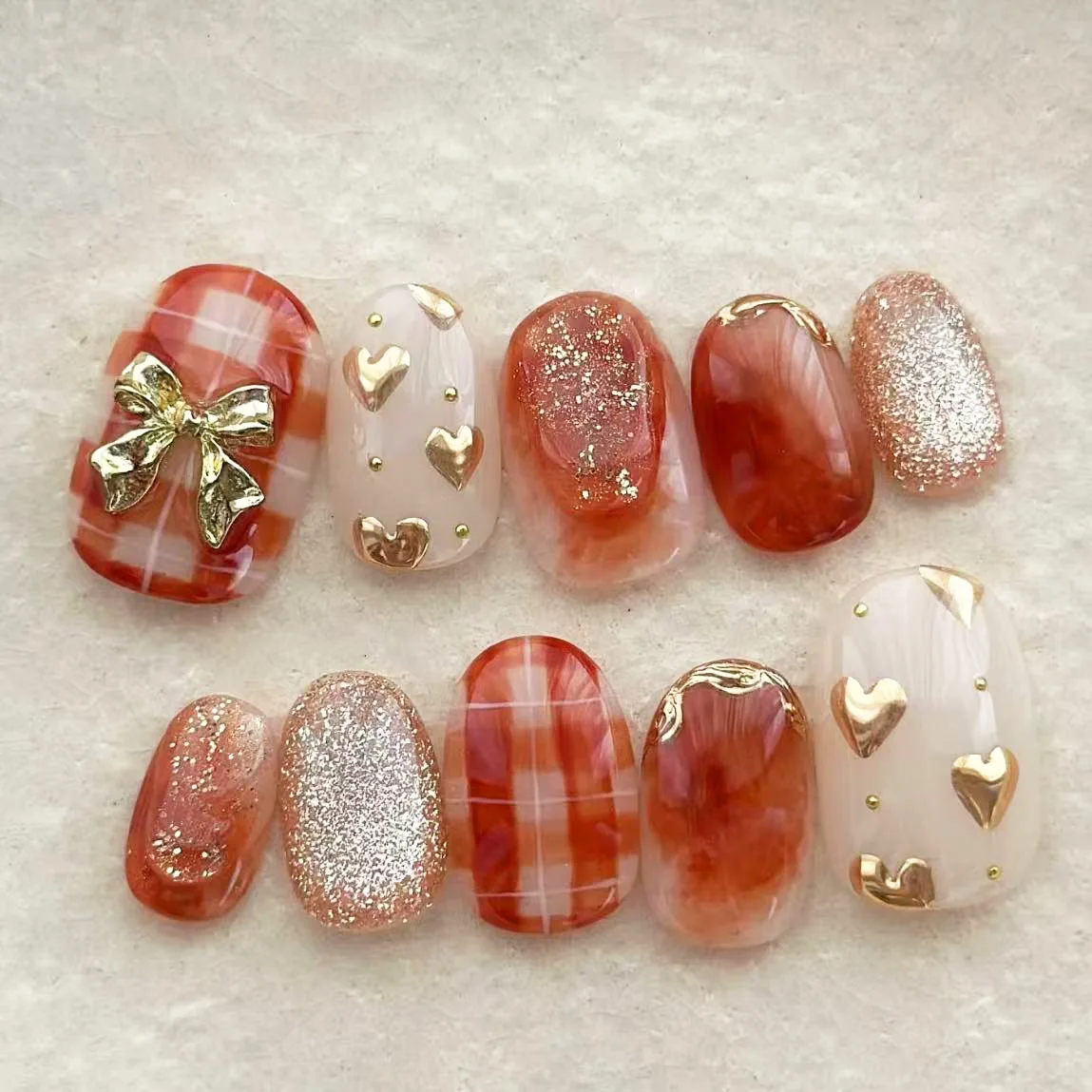 

10pcs Red Full Cover Nail Tips Short Square Round Handmade False Nails with Bow Love Design Fake Nail Sets Golden Press on Nails