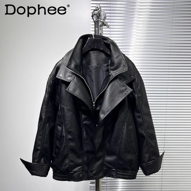 

Men's 2025 Autumn New Fashion Retro Jacket Faux Two-Piece Personality Large Lapel Loose Trend Motorcycle Stylish Leather Jackets