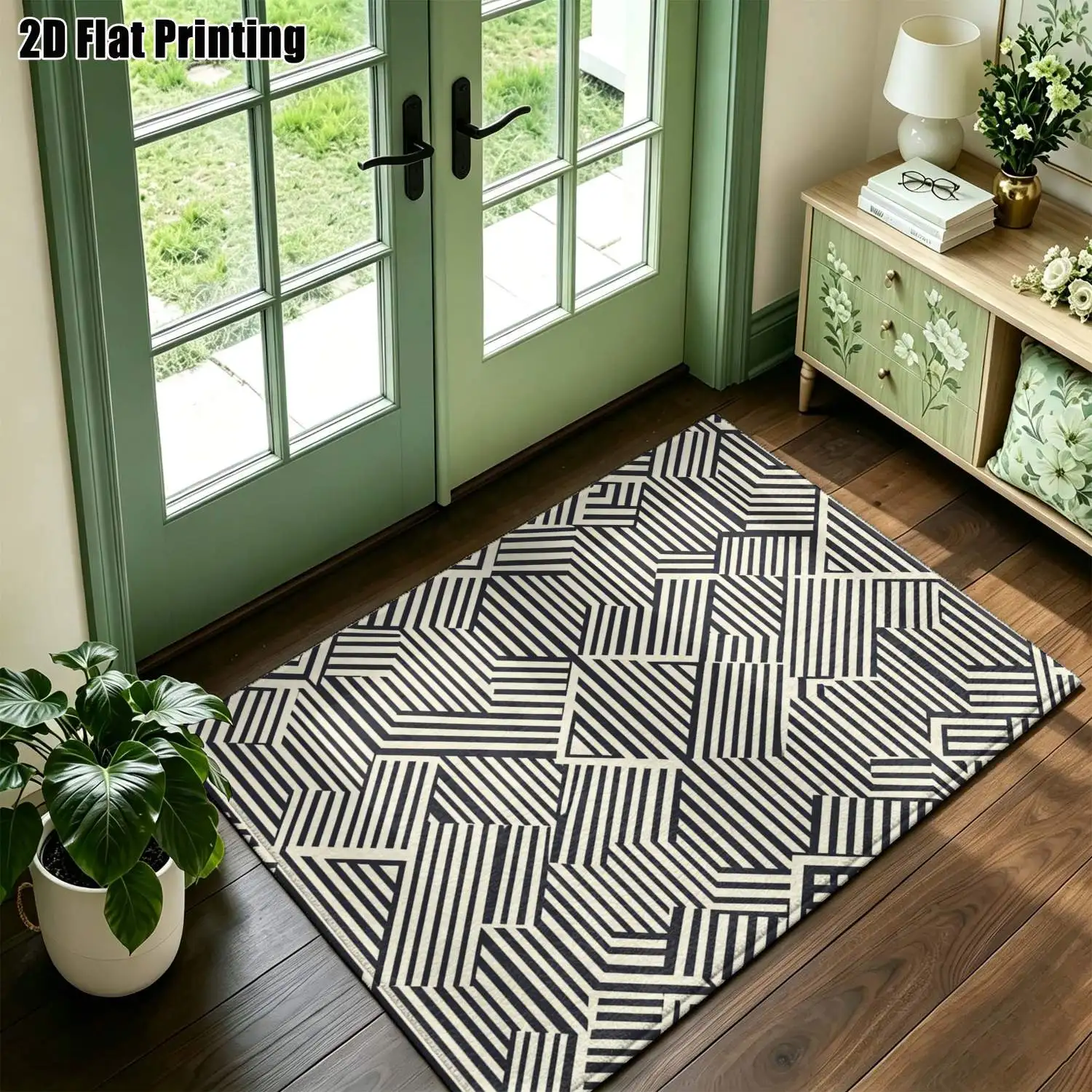 1Pc 2D Printed Black&Gray Geometric Stripe Carpet: Modern Simple, Instagram Decor, Multi-Size, Machine Washable, for Entrance, Dining, Foyer, Study, Living Room, Bedroom