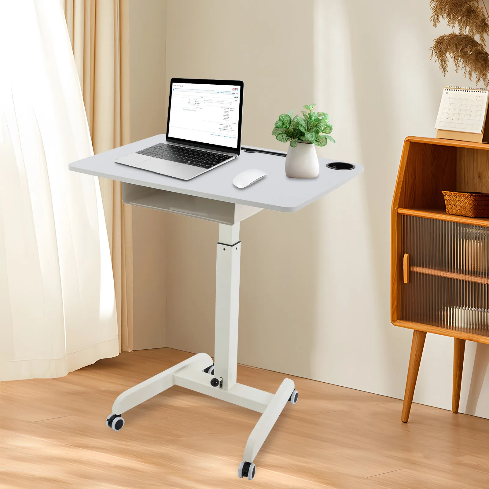 

80*55.88cm Rolling Height Adjustable Laptop Sofa Desk Overbed Food Tray Table Stand Podium With 4 Wheels White