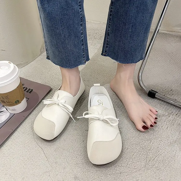 Spring Women Casual Shoes 2024 New Lace Up Leather Flats Zapatos Mujer Autumn Loafers Moccasins Soft Round Toe Ladies Footwear