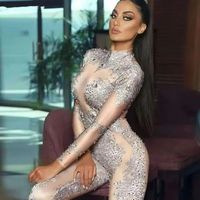 Rhinestones Sparkly Jumpsuit Fashion Sexy Birthday Outfit Party Leggings Nude Big Stretch Dance Costume One-piece Bodysuit