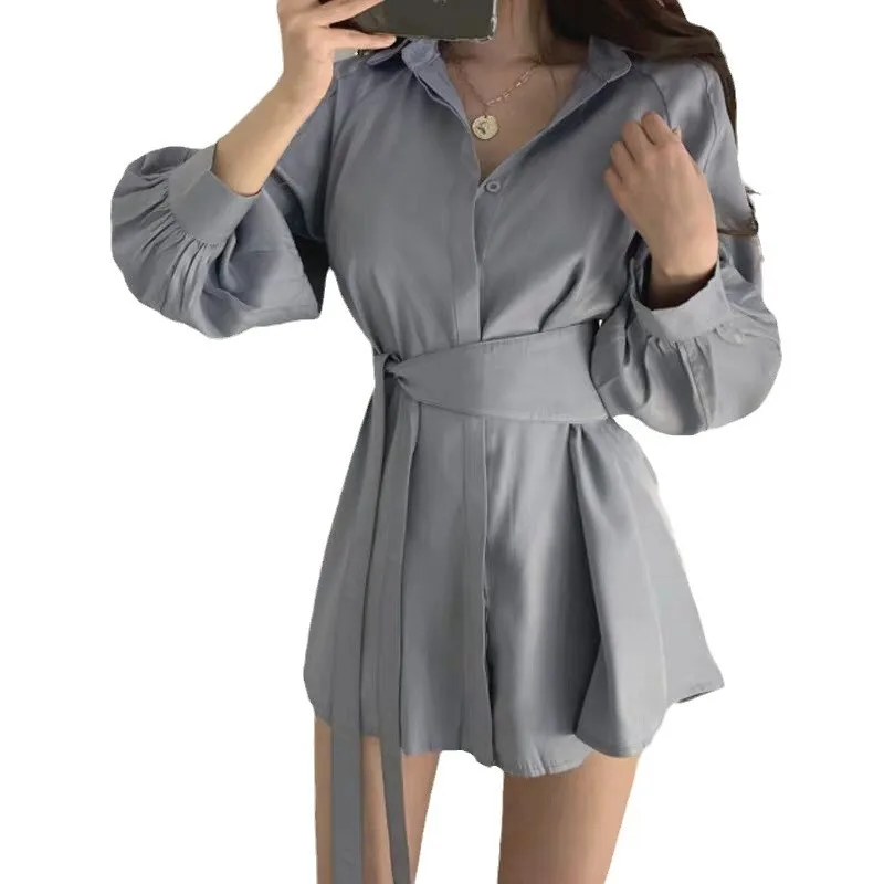 

2026 Spring New Korean Chic Loose Solid Color Waist-cinching Shirt with Belt + Wide-Leg Shorts Set for Women