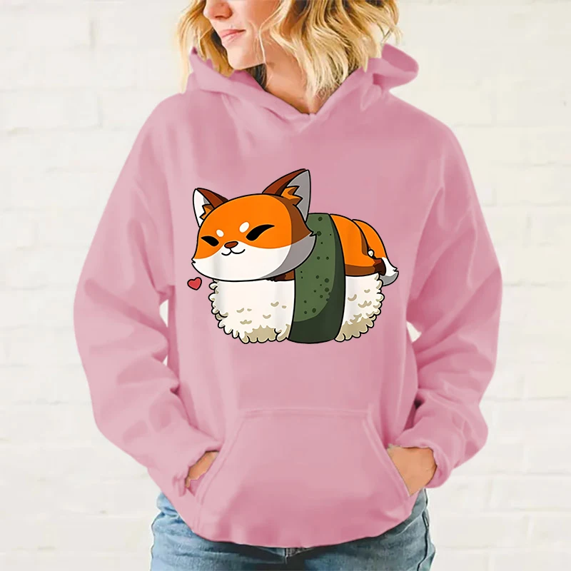 

New Sushi Fox Print Hoodies Women Men Spring Autumn Fashion Pullovers Ladies Solid Color Hooded Full Sleeve Sweatshirt