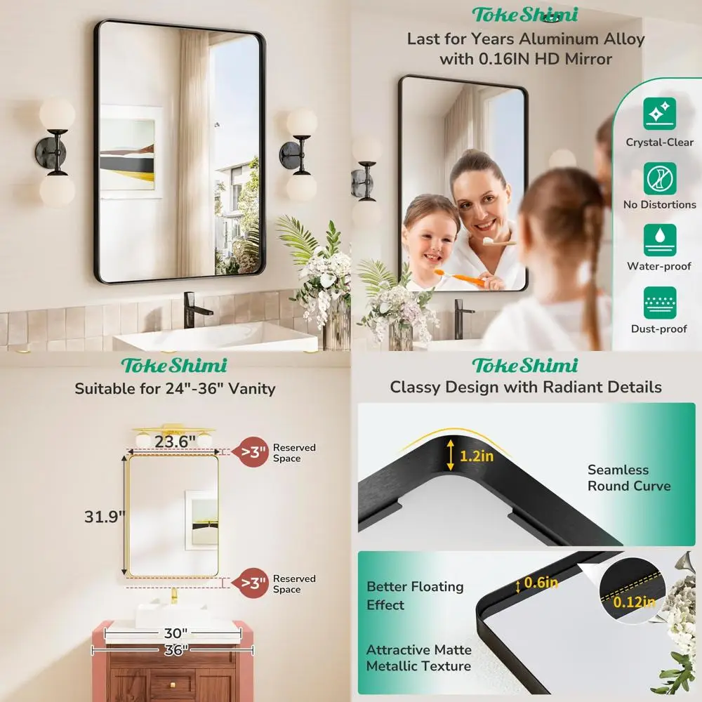 

TokeShimi 24x32 Черное зеркало для ванной комнаты, туалетное зеркало для ванной комнаты с закаленным стеклом, современное настенное зеркало для туалетного столика для ванной комнаты с морем